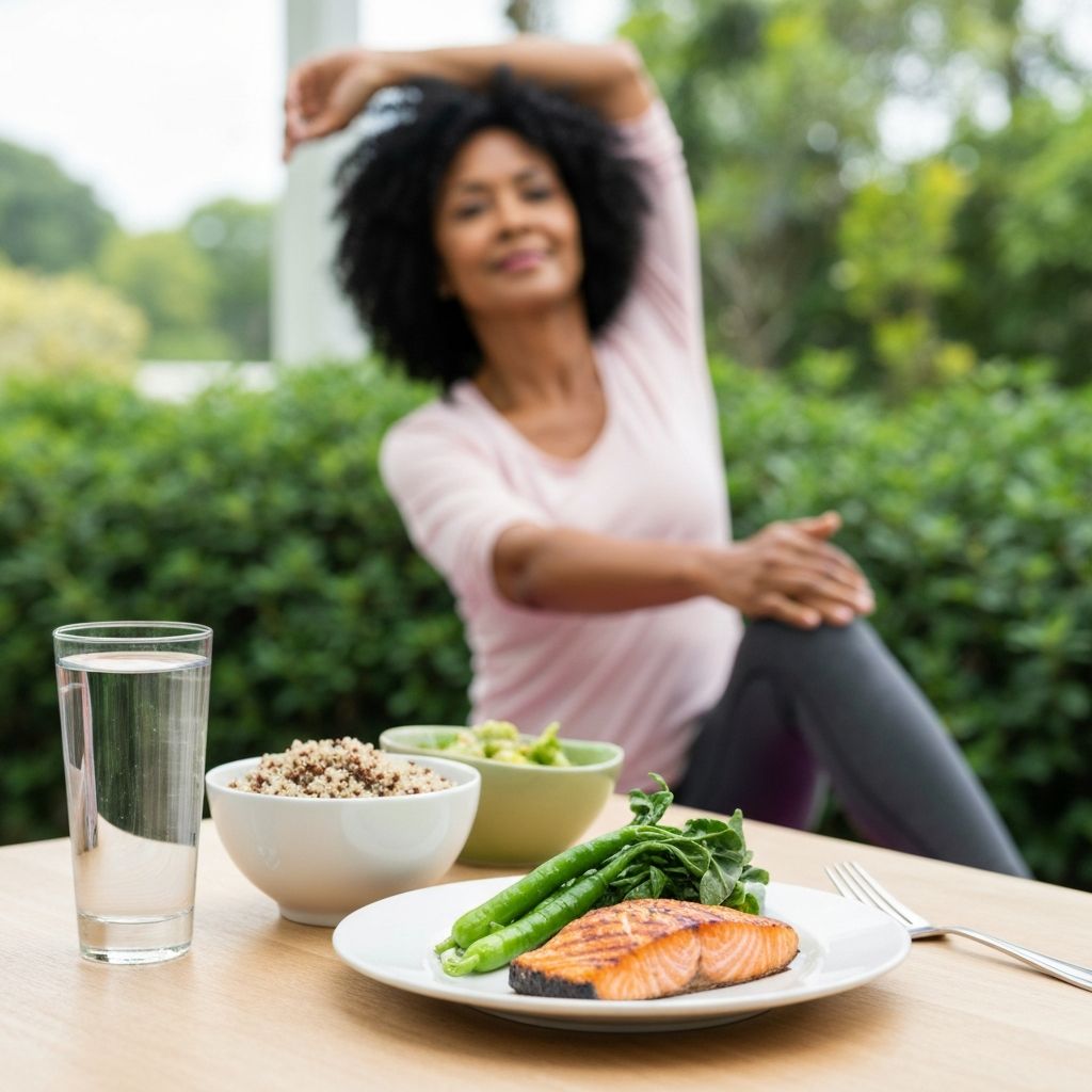 Repas équilibré avec légumes et hydratation